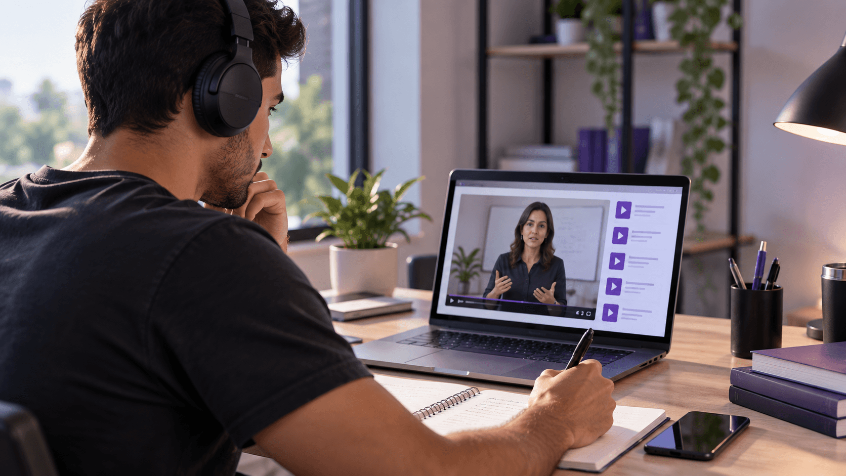 Profissional assistindo a uma aula online da Unova Academy, com a facilitadora na tela do notebook
