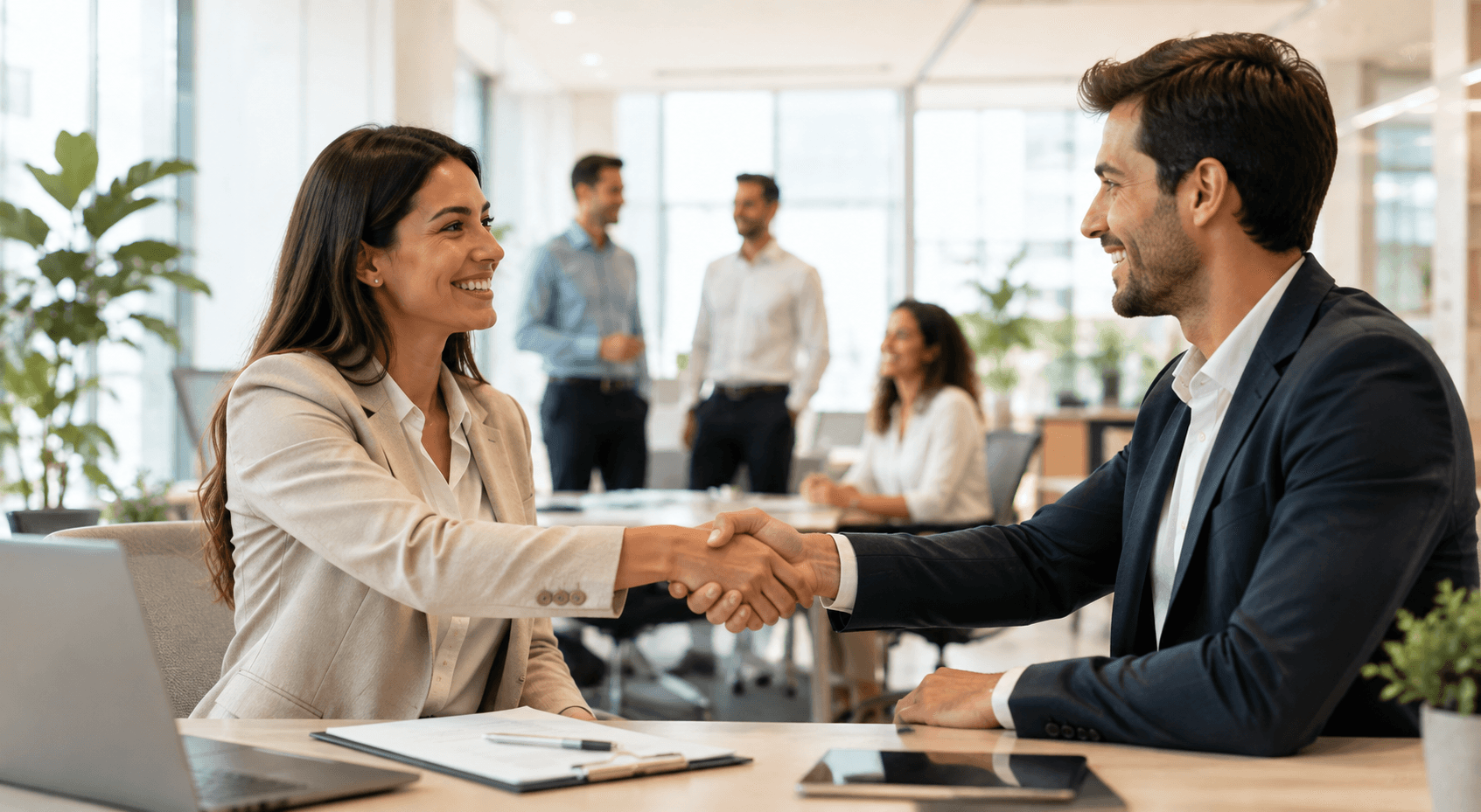 Profissionais fechando uma contratação em ambiente corporativo