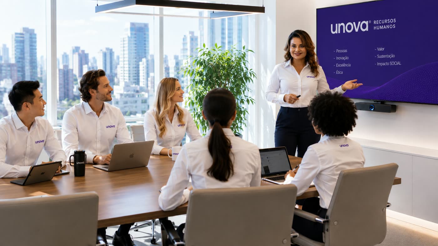Equipe Unova Recursos Humanos em reunião estratégica em escritório moderno