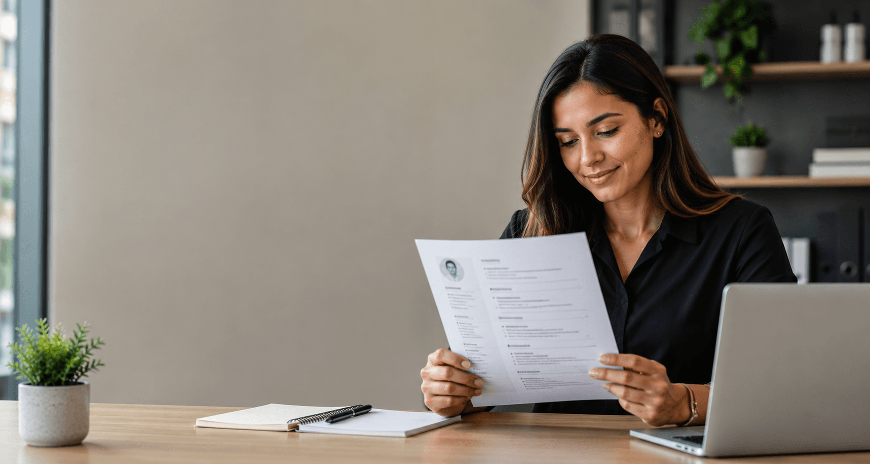 Profissional revisando o próprio currículo impresso, sentada à mesa