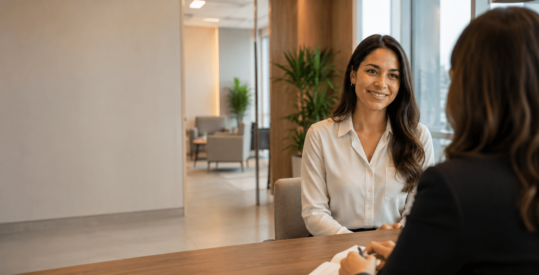 Candidata sorrindo durante entrevista de emprego, sentada à frente da recrutadora